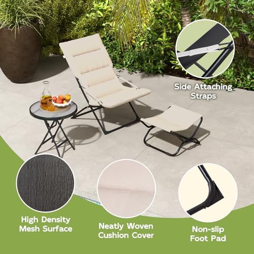 Abba Patio Outdoor Chaise Lounge Chair,Reclining Folding Patio Camping Chair with Separate Footrest,Adjustable Chaise Lounges for Outside,Poolside Beach Lawn Indoor,Beige - color: Beige