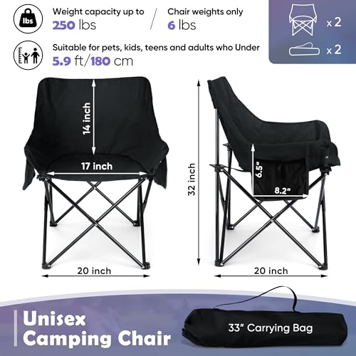 HaSteeL Camping Chair for Adults, Compact Folding Portable Chairs Set with Side Pockets for Outdoors Fishing, Hiking, Backpacking, Picnic, Beach, Travel, Supports to 250lbs, & Storage Bags (Black) - color: Black