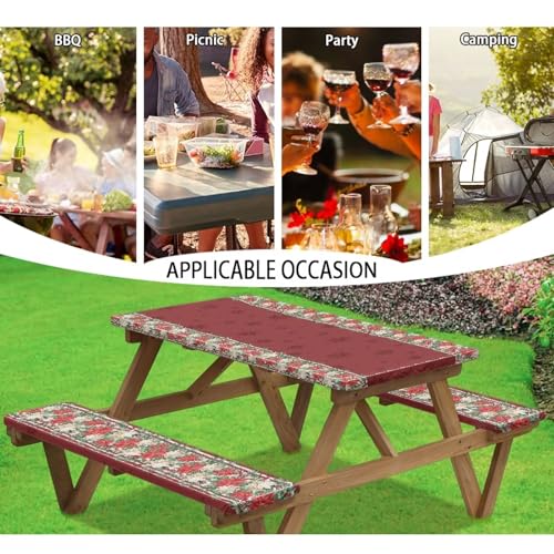 Christmas Red Flowers Outdoor Picnic Table Cover Decorations 3 PCS Set Fitted for Camping - color: Christmas Red Flowers1, size: Small