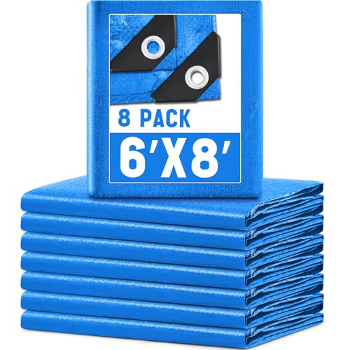 8 Pack 6 x 8 ft 5.5 Mil Large Tarps Heavy Duty Waterproof Tarp Multi Purpose Tent Cover for Home Boats Cars Camping Patio Furniture Roof Emergency Rain Protective Cover, Blue - color: Blue, size: 6 x 8 ft