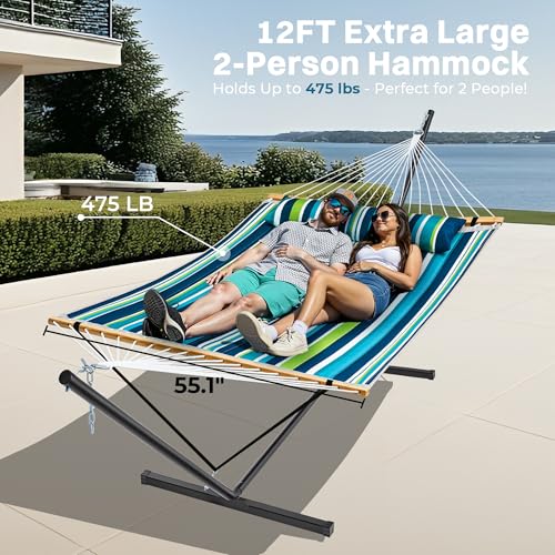 SUPERJARE Hammock with Stand, 2 Person Quilted Outdoor Hammock, Detachable Pillow & Bamboo Spreaders, Portable Hammock with Carrying Bag, Heavy Duty Stand, Perfect for Outside, Patio, Dark Cyan - color: Dark Cyan, size: 55.1"W × 74.8''D × 43.3''H