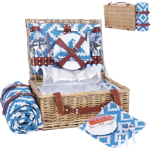 Neti Neti Wicker Picnic Basket for 4 with Insulated Cooler & Waterproof Blanket – Large Willow Picnic Hamper for Outdoor, Camping, Beach, Romantic Dates, Valentine’s Day - color: Blue Rhombus