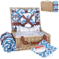 Neti Neti Wicker Picnic Basket for 4 with Insulated Cooler & Waterproof Blanket – Large Willow Picnic Hamper for Outdoor, Camping, Beach, Romantic Dates, Valentine’s Day - color: Blue Rhombus