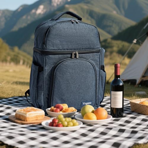 Vogano Picnic Backpack & Accessories – Insulated Picnic Set for 2 Person with Dual Compartments, Lightweight Blanket, Cutlery Set, for Newlyweds and Couples Gifts Blue