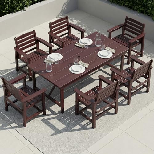 Outdoor HDPE Dining Set 7 Pieces, Patio Table with Umbrella Hole and 6 Chairs, All Weather Patio Furniture for Lawn, Garden, Backyard, Deck, Poolside, Outdoor Dining Table and Chairs, Coffee - color: Coffee, size: 7-Piece (1 Table + 6 Chairs)