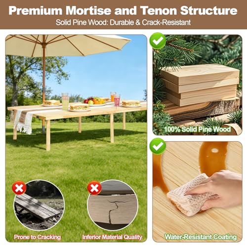Folding Picnic Table 60x30in, Solid Wood Portable Low Floor Table, Mortise & Tenon Joints, Adjustable Height, Boho Table for Beach Camping Garden Party, Runner Included, Seats 4-6