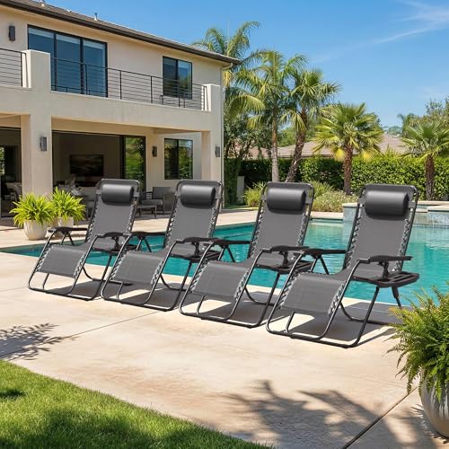 Homall Zero Gravity Chair Patio Folding Lawn Outdoor Lounge Gravity Camp Reclining Lounge Chair with Cup Holder Pillows for Poolside Backyard and Beach Set of 4 (Grey) - color: Grey, size: 4 PCS