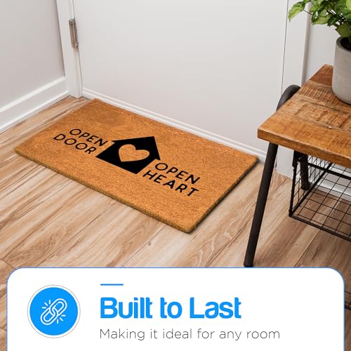 PLUS Haven Coconut Coir Home Entrance Door Mat – 17.5" x 30" | Open Door Open Heart Heavy-Duty Doormat for Indoor & Outdoor Use | Durable & Eco-Friendly - color: Open Door Open Heart