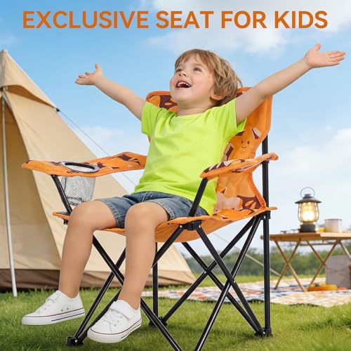 Huskfirm Padded Kids Camping Chair Folding Toddler Chair with Cup Holder & Safety Lock Portable Kids Beach Chair Ages 3-6 for Outdoor Camping Foldable Kids Chair Support 120lbs,Orange Dog - color: Orange Dog