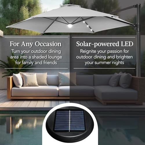 Best Choice Products 10ft Solar LED Offset Cantilever Hanging Market Patio Umbrella, Smooth 360° Rotation, 8 Sturdy Ribs, Easy Adjustment - Fog Gray - color: Fog Gray, size: Offset w/ 360° Rotation