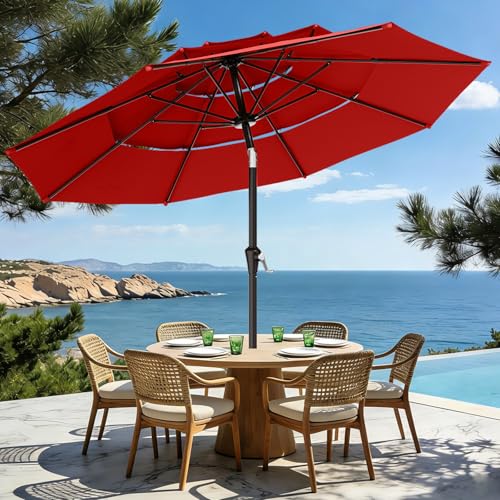 AreShark 9ft 3-Tier Patio Umbrellas, Outdoor Umbrella with 8 Sturdy Ribs UV Protection Windproof, Market Table Umbrella w/Push Button Tilt & Crank for Pool, Porch, Deck, Garden(Red) - color: Red