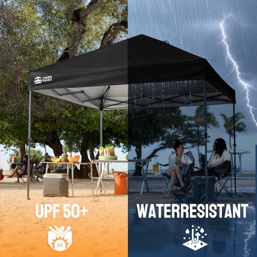CROWN SHADES 10x10 Pop Up Canopy Tent - Patented Center Lock One Push Instant Outdoor Canopy Beach Tent with STO-N-Go Bag 8 Stakes & 4 Sand Bags，Black - style: Black