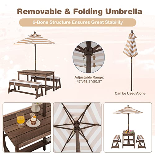 KOTEK Kids Picnic Table with Umbrella Foldable, Backyard Wooden Table & Bench Set w/Removable Cushions, Activity Art Play Table, Indoor Outdoor Toddler Picnic Table for Patio, Lawn & Garden (Brown) - color: Brown