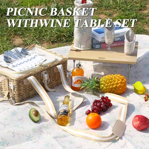 Picnic Basket for 4 with Folding Table, Large Wicker Picnic Basket Set with Waterproof Blanket and Wine Pouch, Insulated Willow Hamper with Cutlery Kit for Camping, Couples, Wedding Gift - color: Beige
