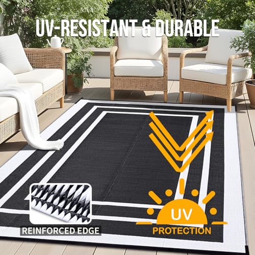 OLANLY Outdoor Rug 8x10 ft Waterproof, Reversible Outdoor Plastic Straw Rug, RV Mat, Indoor Outdoor Carpet Clearance for Patio, Camping, Balcony, Deck, Backyard, Black & White - color: Black & White, size: 8' X 10' (Rectangular)