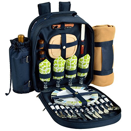 Picnic at Ascot - Deluxe Equipped 4 Person Picnic Backpack with Cooler, Insulated Wine Holder & Blanket - Trellis Green - color: Navy/White With Trellis Green