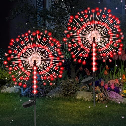 2 Pack 250LED Solar Garden Lights Outdoor, Dual Lighting Modes Firework Lights Solar Powered, Waterproof Twinkle Fairy Light Outside for Yard Patio Pathway Christmas Party Decorative(Red) - color: Red 02