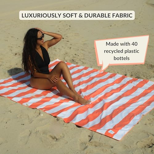 Plush Microfiber Beach Blanket, Extra Large Beach Mat for 3-6 Persons, Sandproof, Windproof | Hole for Umbrella, Corner Sand Pockets to Fight Wind (Bag for Blanket Included) - color: Peach & Stripes, size: X-Large