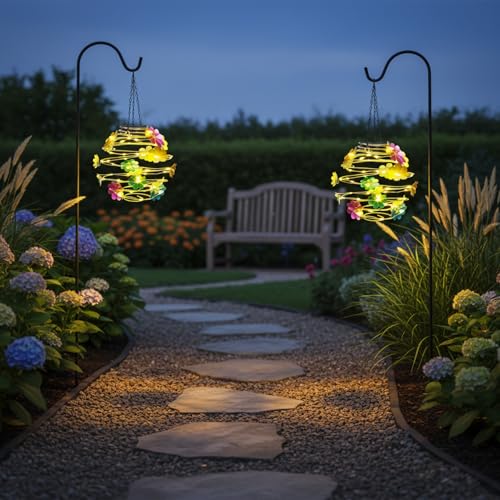 2 Pack Solar Lanterns Outdoor Waterproof , 30LEDs Hanging Solar Lights with Flower for Garden Patio Yard Decor, Gift for Grandma Gardeners Women - color: Red-Flower