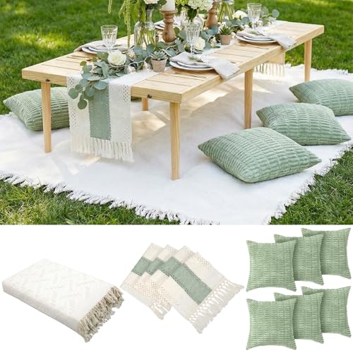 Beeveer Extra Large Outdoor Boho Picnic Blanket 91'' x 71'' Green Table Runner 6 Throw Pillow Cover Woven Cotton Yarn Oversize Beach Blanket Washable for Picnic Camp Wedding - color: Sage Green, size: Fit 4-6 People 91'' X 71''