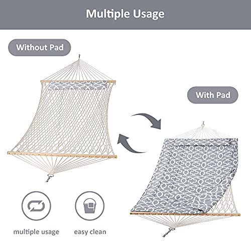 SUNCREAT Outdoor Double Hammock with Stand, Two Person Cotton Rope Hammock with Polyester Pad, Circle Pattern - color: Pad-gray Pattern