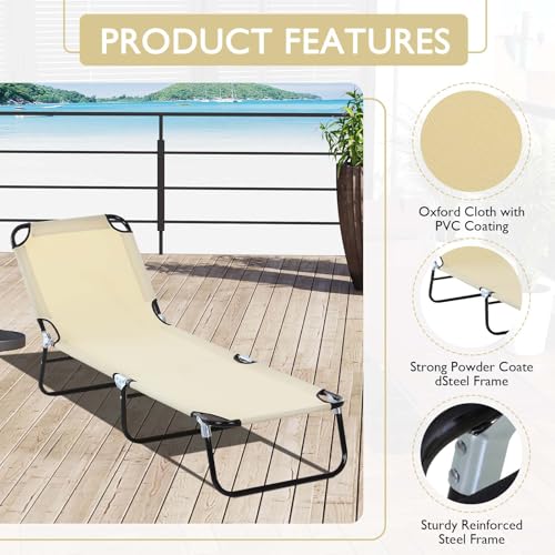 Majnesvon Foldable Outdoor Chaise Lounge Chair, 5-Level Reclining Camping Tanning Chair with Strong Oxford Fabric for Beach, Yard, Patio, Pool(Beige) - color: Beige