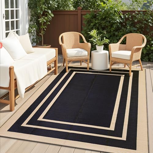 OLANLY Outdoor Rug 5x8 ft Waterproof, Reversible Outdoor Plastic Straw Rug, RV Mat, Indoor Outdoor Carpet Clearance for Patio, Camping, Balcony, Deck, Backyard, Black & Beige - color: Black & Beige, size: 5' X 8' (Rectangular)