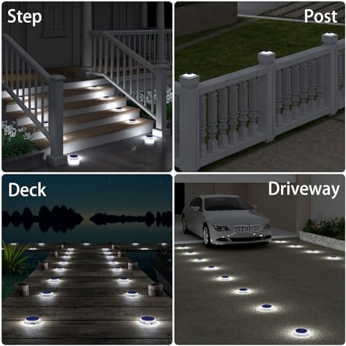 DetarZinLED Solar Deck Lights Outdoor Waterproof, 6 Pack White Round Deck Lights Solar Powered, Flat Stick on Ground Disc Light for Outdoor Pathway Driveway Step Yard Dock Walkway Patio - size: 6pcs White Round