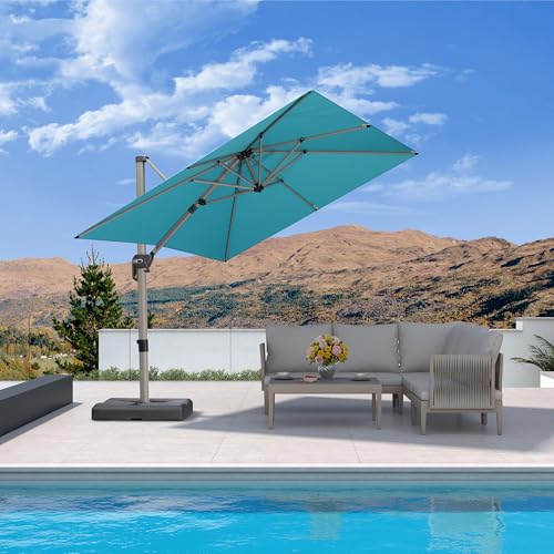 PURPLE LEAF 8’ X 8‘ Patio Umbrella Outdoor Cantilever Umbrella, Aluminum Offset Umbrella with Champagne Frame and 360° Rotation for Pool Deck Garden, Turquoise Blue - color: Turquoise Blue, size: 8' x 8'