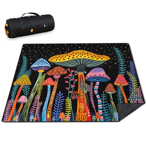 Mushroom Picnic Blankets Waterproof Foldable Picnic Outdoor Blanket 80"x 80" Picnic Mat 3-Layer Thicking Outdoor Foldable Blankets Sandproof Lightweight Beach Blankets with Strap Machine Washable - color: Mushroom04, size: 80*80in