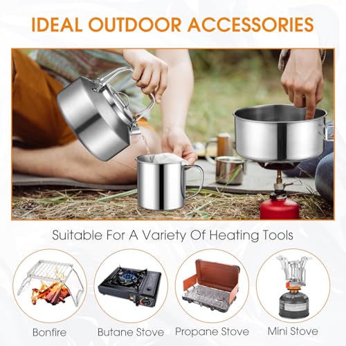 Funnymoom 15 Pcs Camping Cookware Mess Kit Outdoor Cooking Set Stainless Steel with Pot and Pan Kit 2 Set Stainless Steel Cups Plates Forks Knives Spoons for Camping Backpacking Cooking Picnic