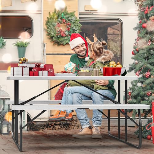 YITAHOME Folding Picnic Table w/Easy Assembly Steel Frame & Wood Like Tabletop, All Weather Folding Picnic Tables with Benches Ideal for Yard Patio Lawn Party, White - color: White