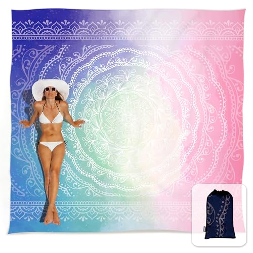 Sunlit Silky Soft Sand Proof Beach Blanket 106"x81" / 85"x72" Sand Proof Mat with Corner Pockets and Mesh Bag for Beach Party, Travel, Camping and Outdoor Music Festival, Mandala - color: Center Mandala-blue Pink, size: 120"x108"