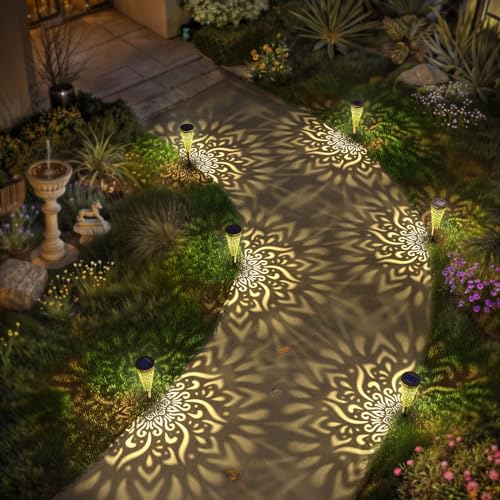6 Pack Solar Lights Outdoor Garden Decorative Mandala Solar Garden Lights with Warm Light Waterproof Solar Pathway Landscape Lights for Path Backyard Walkway Yard Decor, Gardening Gifts for Women - color: Gold