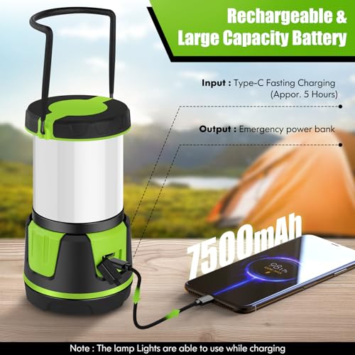 Rechargeable LED Lantern - 3000 Lumens, 5 Light Modes, IP54 Waterproof, 7500mAh Battery, Portable Flashlight for Camping, Hiking, Power Outages & Emergencie (Green) - color: Green
