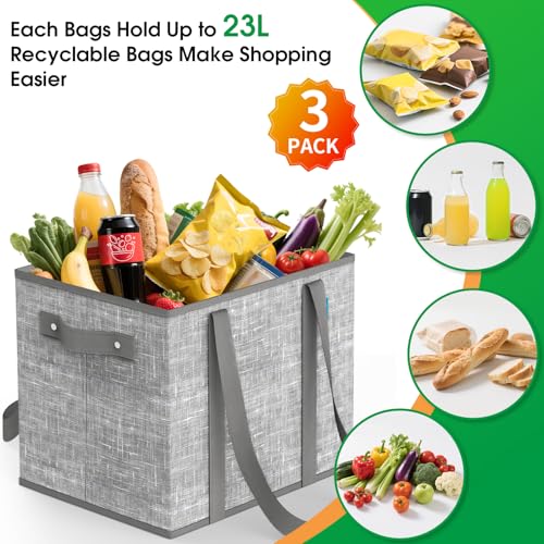 Fab totes Reusable Grocery Bags, Large Foldable Shopping Tote Bags with Reinforced Handles & Hard Bottom,3 Pack,Grey - color: Grey, size: 3 Pcs