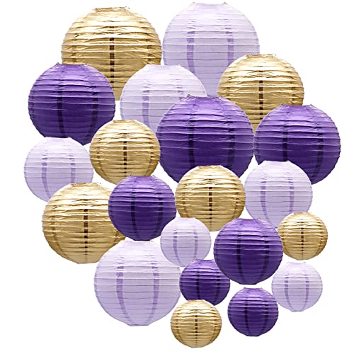 Paper Lanterns Decorative, Round Hanging Lanterns Party Supplies for Graduation Bachelorette Gender Neutral Baby Shower Birthday Party Decorations Purple/Lavender/Gold 21pcs - color: PurpleGold