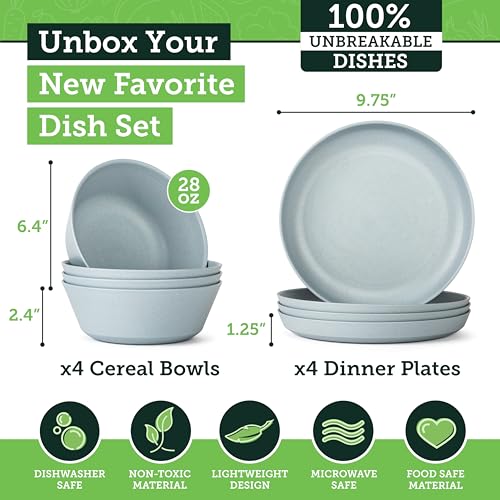 Grow Forward Premium Wheat Straw Plates and Bowls Sets - 8-Piece Wheat Straw Dinnerware Sets - Unbreakable & Reusable Microwave Safe Plastic Dinner Plates for Outdoors, RV, Camping Dishes - Glacier - color: Glacier Blue