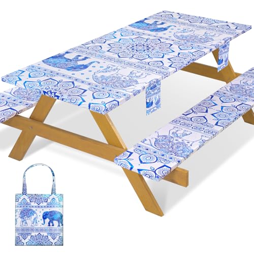 Fitted Waterproof Picnic Table Cover with Bench Covers Heavy Duty Elastic Outdoor Camping Tablecloth for 6 Foot Rectangle Tables Summer Rv Accessories Patio Garden Road Trip Essentials Gifts - color: Blue Elephant, size: 72" x 30" (Rectangular)