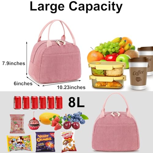 LEDAOU Lunch Box for Women Insulated Lunch Bag Corduroy Lunch Tote Bags Leakproof Cooler Lunch Case for Travel Work Picnic - color: Corduroy Solid Pink