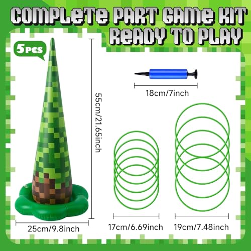 5 Pack Inflatable Pixel Ring Toss Game - Green Brown Pixel Themed Birthday Party Games with 10 Plastic Rings & Pump, Indoor Outdoor Carnival Toss Toy for Kids Party Favors - color: Green Pixel