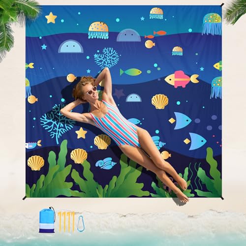 Beach Blanket 78''×110'' Suits 1-7 Adults Waterproof Sandproof Oversized Lightweight Blanket Packable Large Picnic Mat for Beach Travel Camping Picnic Hiking - color: Undersea, size: 78''x110''