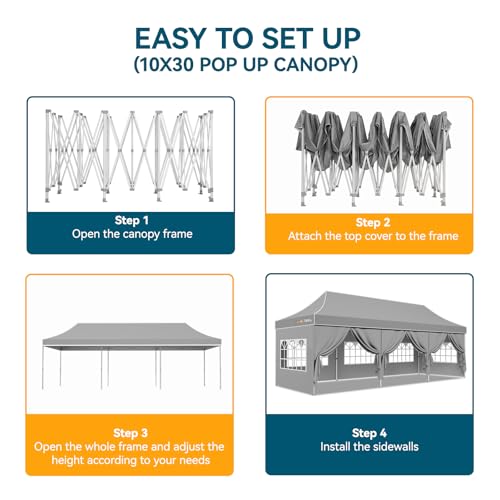 Hoteel 10x30 Pop Up Canopy Tent Heavy Duty with 8 Sidewalls, Waterproof Party Tent, Easy Set-up Commercial Instant Tents with Hand Bag, Rope & Nail, Hexagonal Leg (1-Year Warranty) - color: Gray, size: 10×30 （8 Walls）