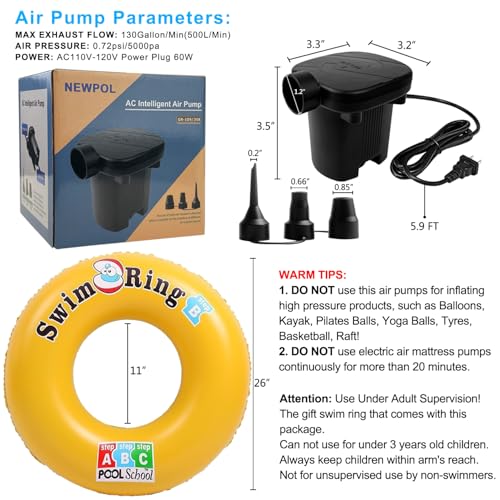 Newpol Inflatable Bed Pump, Electric Air Pump with Free Swimming Ring for Air Mattress Beds, Inflatable Swimming Pools, Swimming Rings - size: AC:110-120V Power Plug