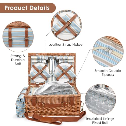 Picnic Basket Set for 4 Persons - Picnic Baskets with Large Insulated Cooler Compartment, Adjustable Shoulder Strap, Willow Hamper and Waterproof Blanket Set with Cutlery Service Kit - color: Light Tan for 4 Persons With Strap