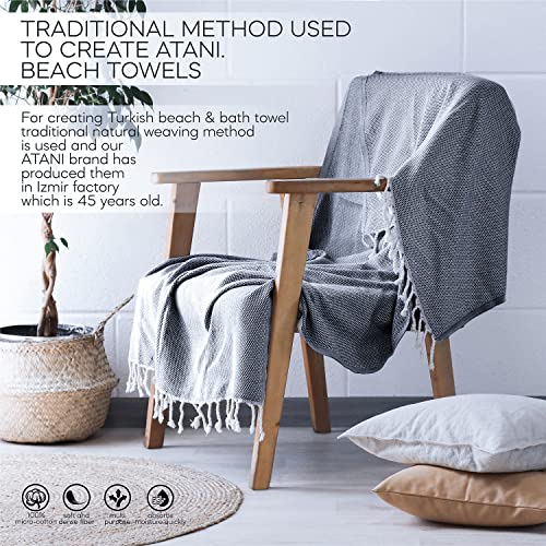 ATANI 69x35 in Oversized Turkish Beach Towel Set with Tote Bag – Quick-Dry 100% Turkish Cotton Peshtemal, Sand-Resistant, Lightweight for Shower, Travel, Pool, Yoga (Black) - color: Black + Bag, size: 35 inc x 69 inc