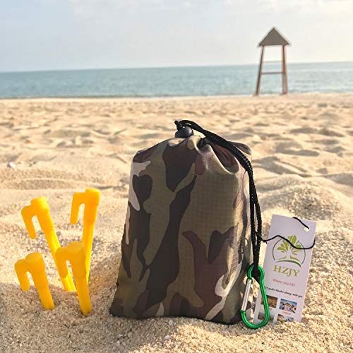 Pocket Blanket 71"x55", Lightweight Compact Sandproof Waterproof Outdoor Blanket for Beach, Hiking, Camping, Travel, Festivals, Picnic with Pockets, Loops, Stakes, Carabiner - color: White Green Camouflage