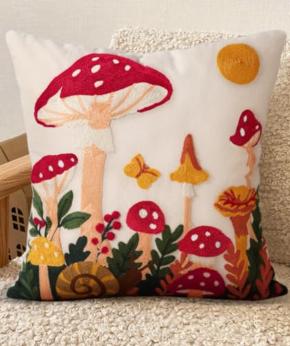 Embroidered Throw Pillow Cover 18x18 Inch - Spring Summer Boho Decorative Pillow Cover with Zipper for Living Room Couch Sofa Bed Aesthetic Design Mushroom Moon Cushion Pillowcase - color: Mushroom Moon, size: 18" x 18" (Pack of 1)