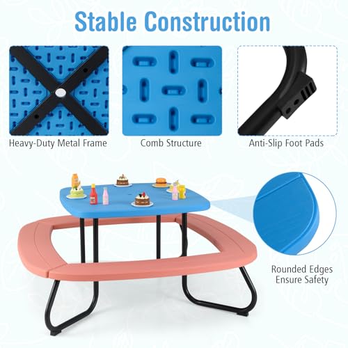 HONEY JOY Kids Picnic Table, 8 Person Toddler Outdoor Table and Chair Set, 4 Built-in Benches, Removable Umbrella, Metal Frame & HDPE Top, Children Outdoor Furniture for Backyard Patio Garden (Red) - color: Red