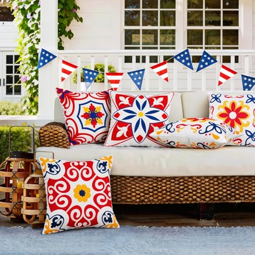 Pyonic 4th of July Outdoor Pillows Waterproof Throw Pillow Covers Set of 4 Red Blue White Floral Printed Patriotic Outdoor Pillow Covers for Patio Funiture Garden 18x18 Inch-Double Side - color: Red Blue, size: 18" x 18" (Pack of 4)